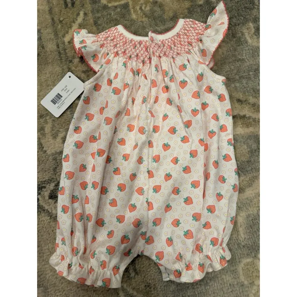 Baby Loren Sz 3-6 Baby Girl Smocked Strawberry Bubble 100% Pima Cotton NWT - Picture 10 of 12